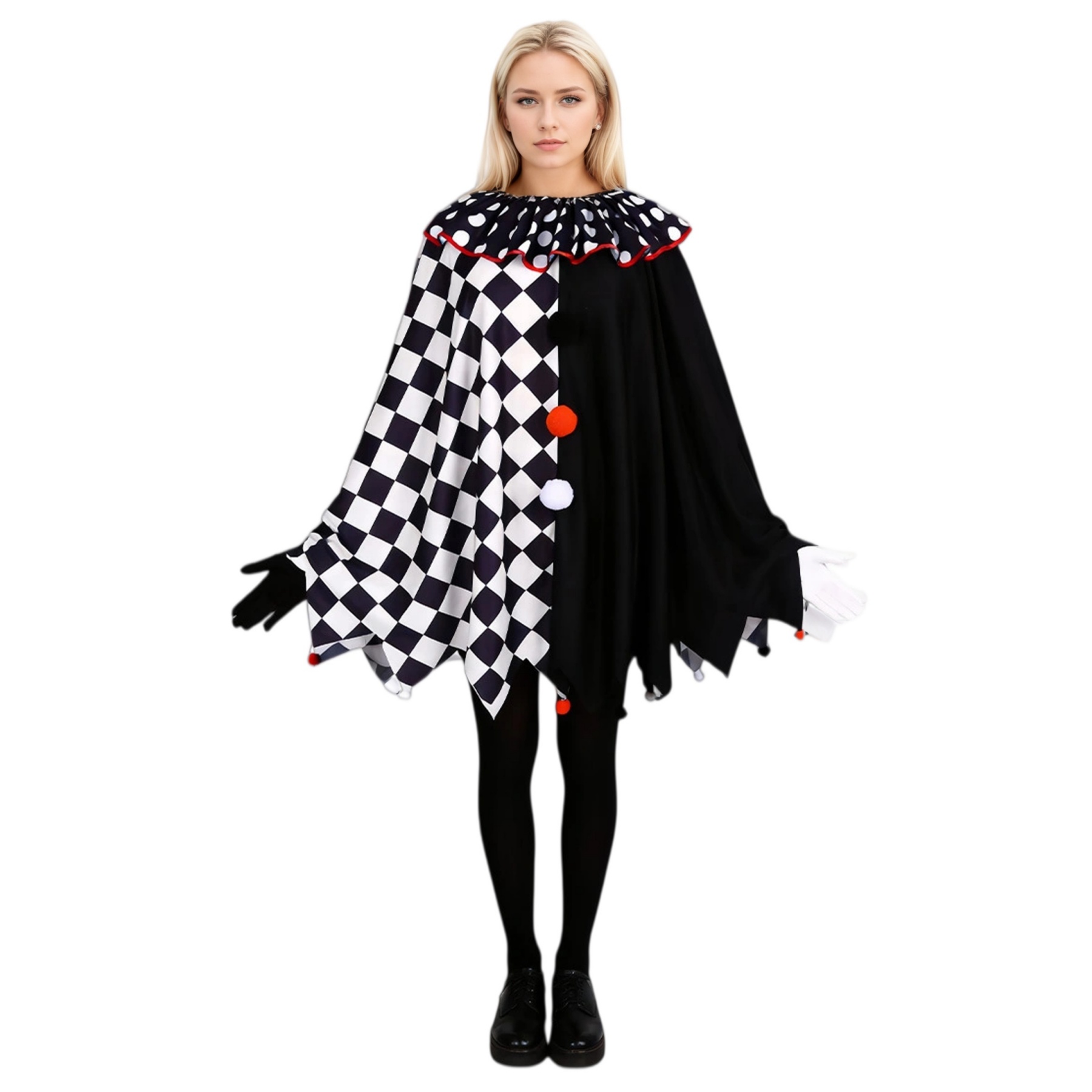 Halloween Scary Evil Joker Costume - Black White Split Checkered Clown Poncho